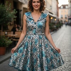 Tatyana Teal and Cream Patterned Midi Dress
